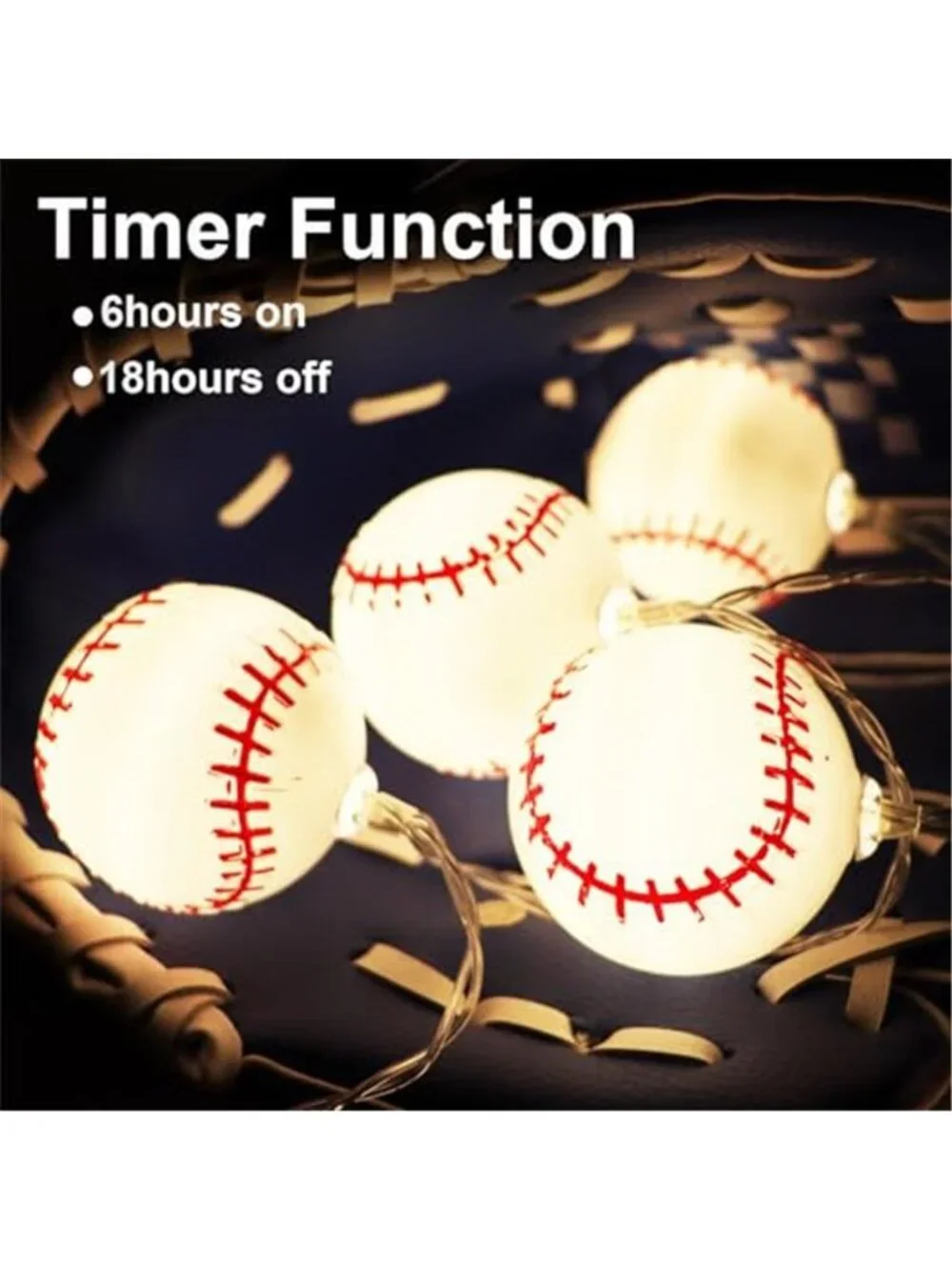 Baseball LED String Lights Warm White Battery Timer Boys Room Sport Decor